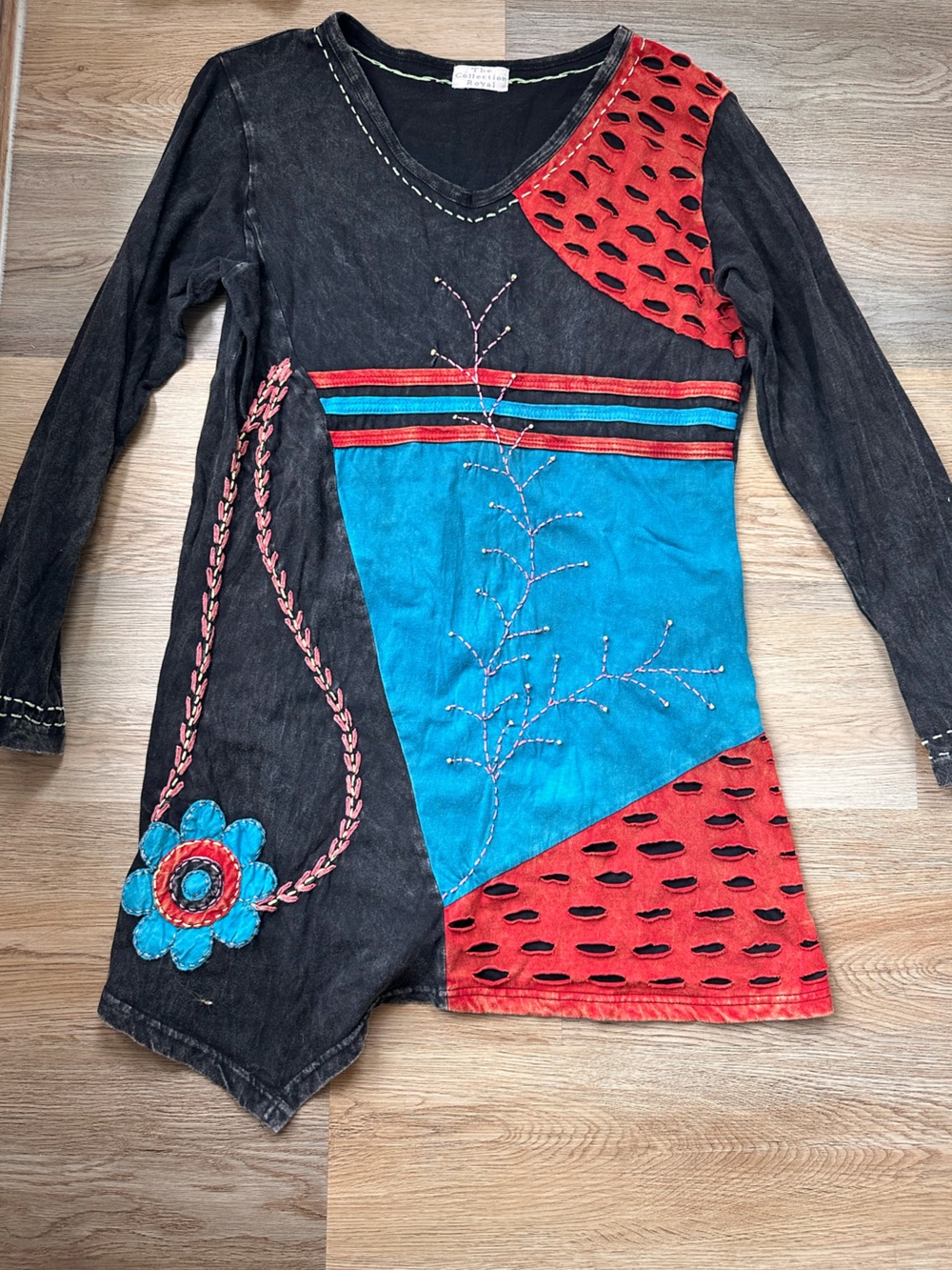 The Collection Royal V-Neck Asymmetrical Patchwork Tunic in Black,Turquoise &Red